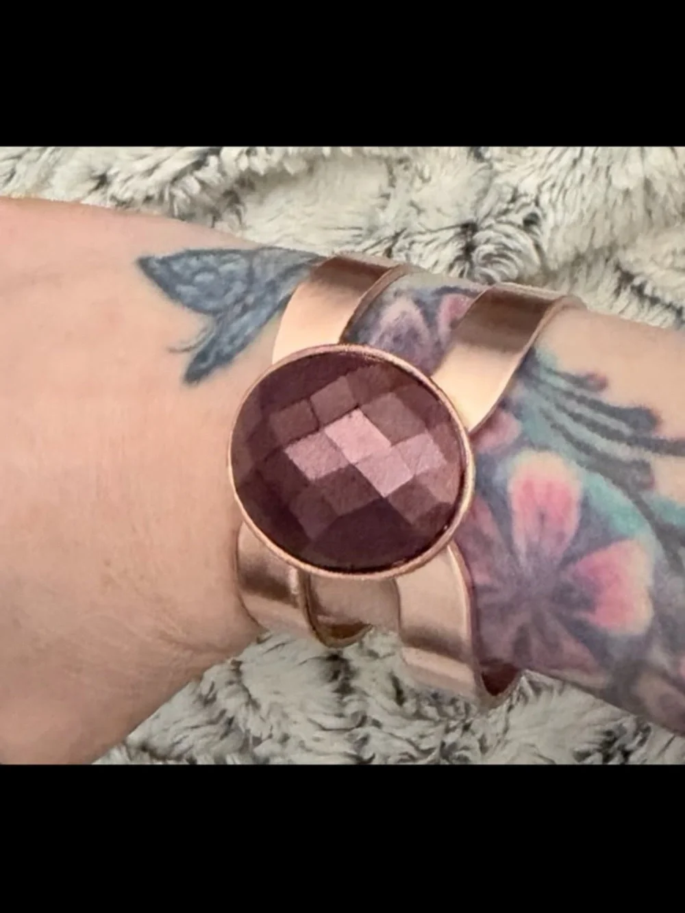 Vintage Copper Cuff bracelet metallic purple stone small-medium size EUC